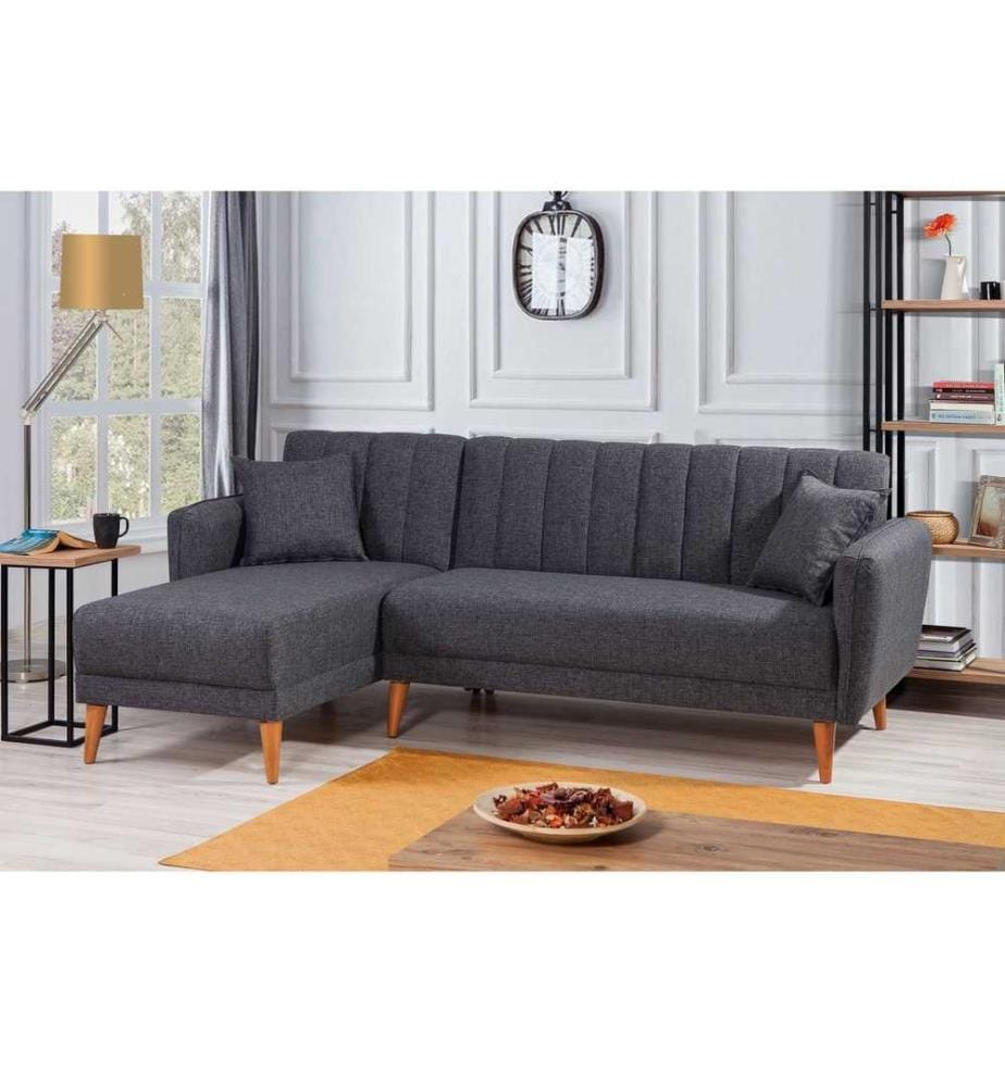 Divano-letto angolare, grigio scuro, legno di carpino - Struttura in metallo, tessuto di lino