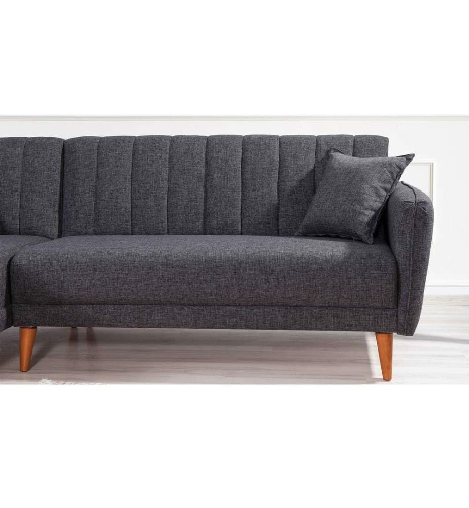 Divano-letto angolare, grigio scuro, legno di carpino - Struttura in metallo, tessuto di lino