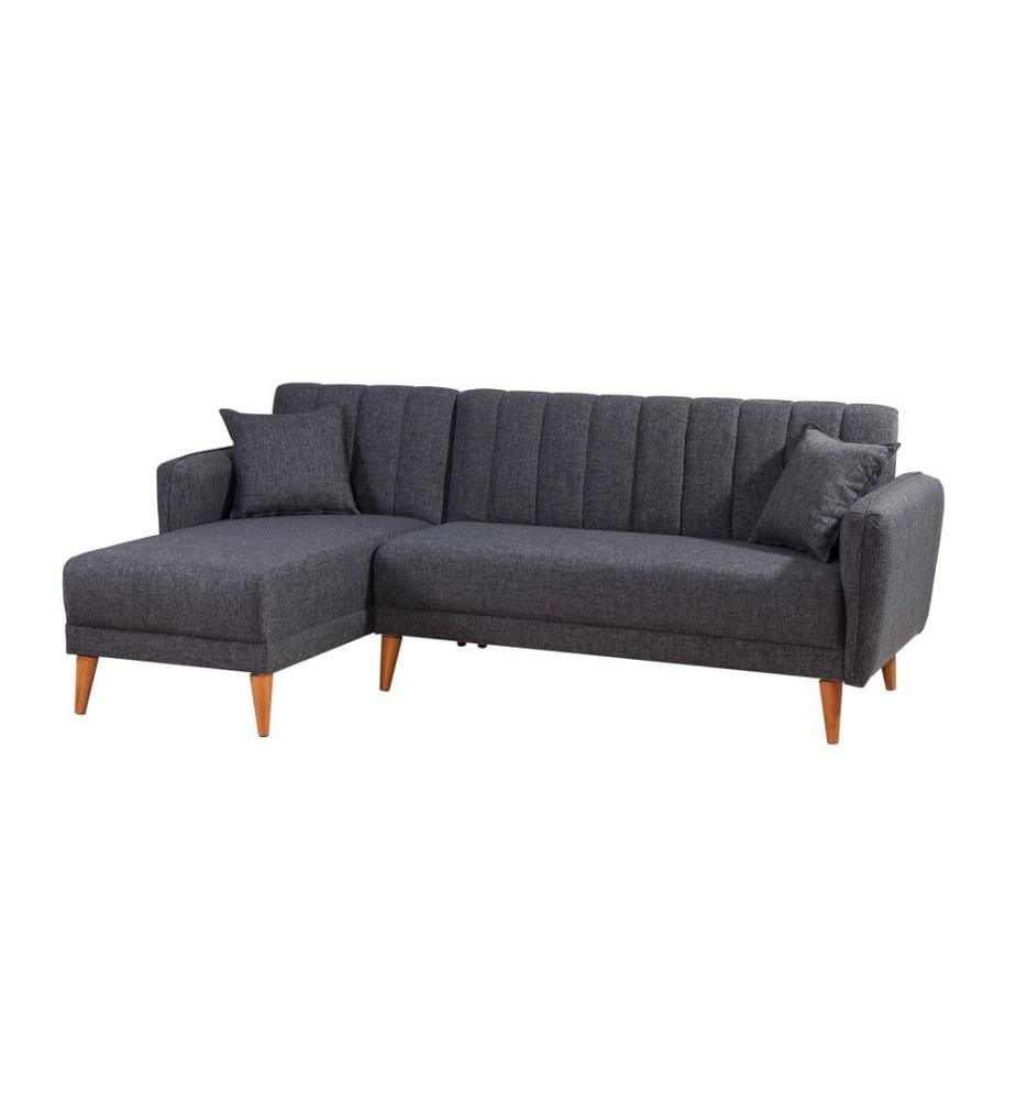 Divano-letto angolare, grigio scuro, legno di carpino - Struttura in metallo, tessuto di lino