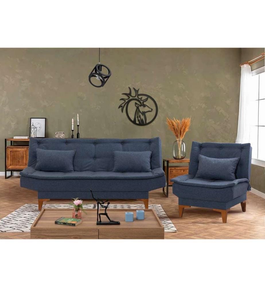 Set divano-letto, blu scuro, struttura in legno di faggio, poliuretano - tessuto acrilico