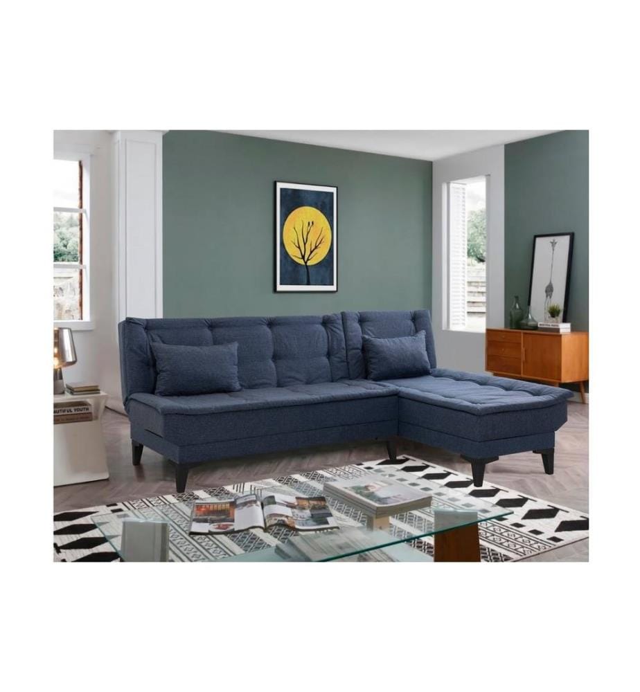 Divano-letto angolare, blu navy, struttura in carpino, tessuto in poliestere