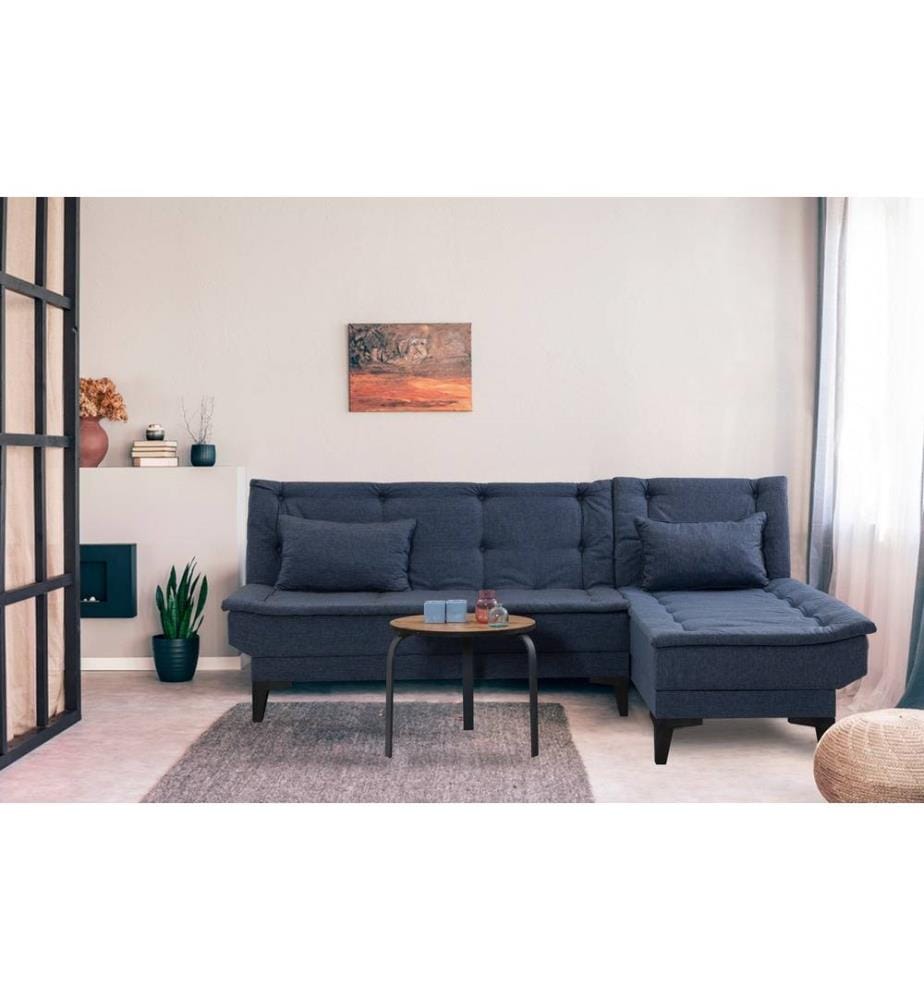 Divano-letto angolare, blu navy, struttura in carpino, tessuto in poliestere