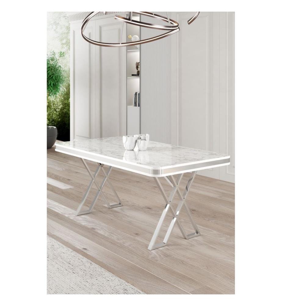 Dining Table, White Marble, Chrome, 100% LACQUER PANEL