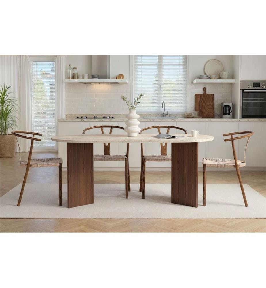Table de salle à manger, travertin, noyer, 100 % panneau de particules mélaminé