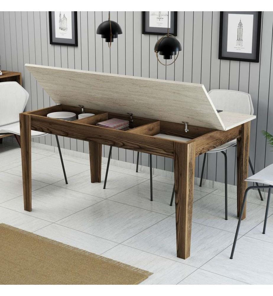 Table de salle à manger, noyer, travertin, 100 % panneau de particules mélaminé
