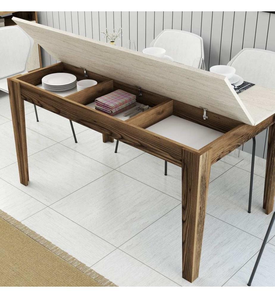 Table de salle à manger, noyer, travertin, 100 % panneau de particules mélaminé