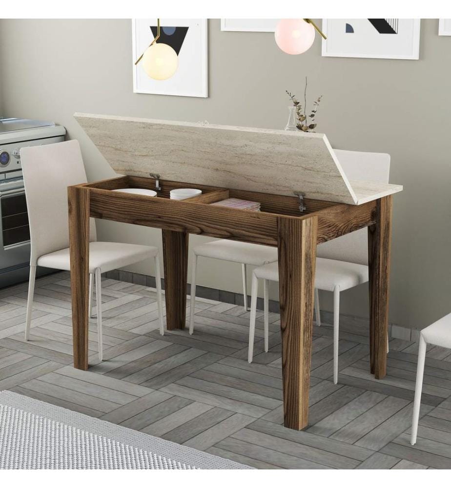 Table de cuisine, noyer, travertin, 100 % panneau de particules mélaminé