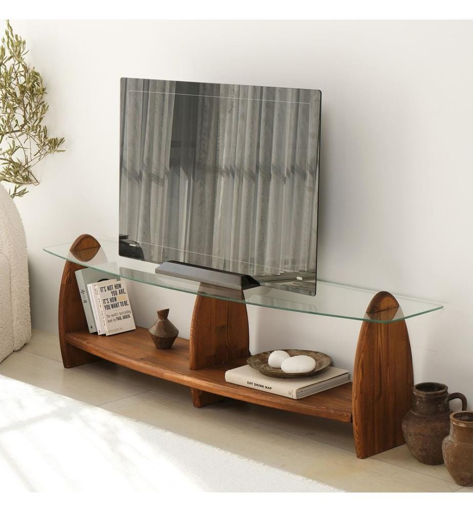 TV-Ständer, Kastanie, transparent, 100 % Sicherheitsglas, Gestell: 100 % Massivholz