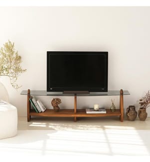 TV-Ständer, Kastanie, Rauchglas, 100 % Sicherheitsglas, Gestell: 100 % Massivholz
