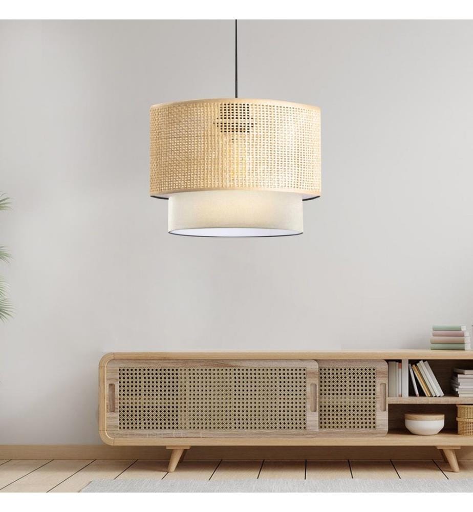Kronleuchter, beige, BAMBUS-RATTAN-ABDECKUNG AUSSEN, Stoffkappe innen