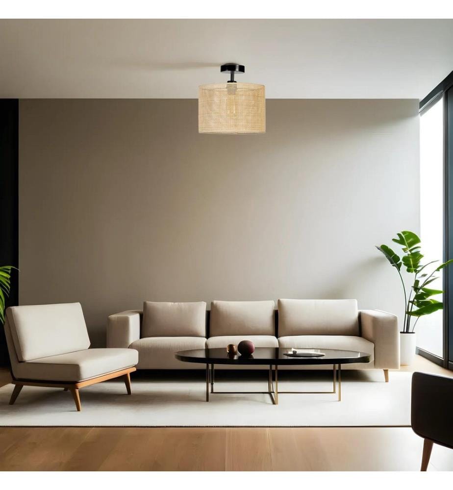 Kronleuchter, Gold, Schwarz, Beige, Metallkörper, Bambuskappe