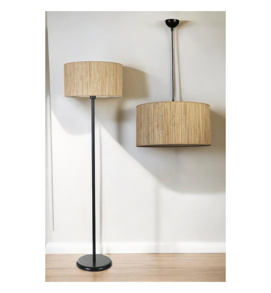 Kronleuchter & Stehlampe Set, Beige, Schwarz, Metallkörper, Stoffkappe