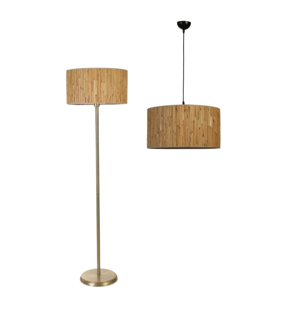 Kronleuchter- und Stehlampen-Set, beige, Metallkörper, Stoffkappe