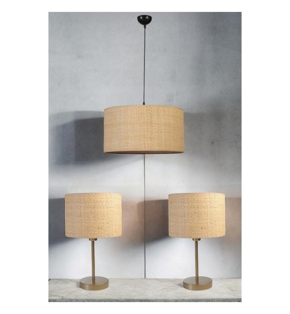 Kronleuchter- und Tischlampen-Set, cremefarben, Metallkörper, Stoffkappe