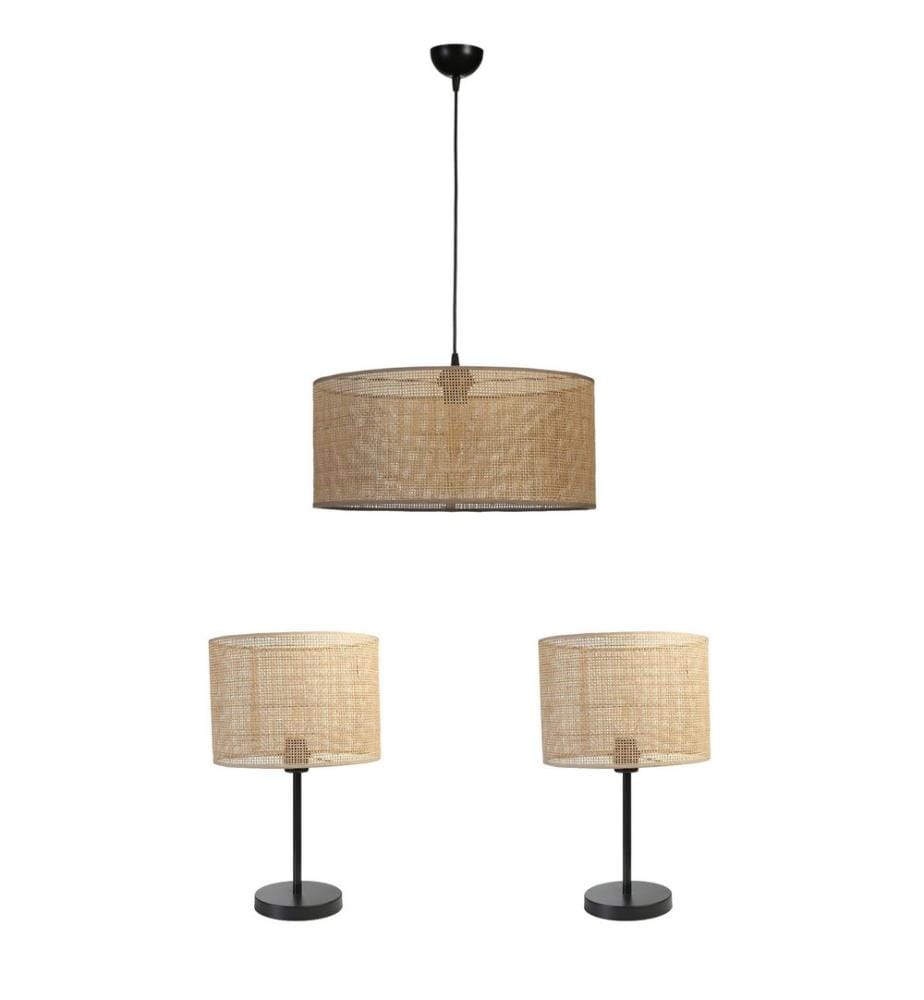 Kronleuchter- und Tischlampen-Set, beige, Metallkörper, Stoffkappe