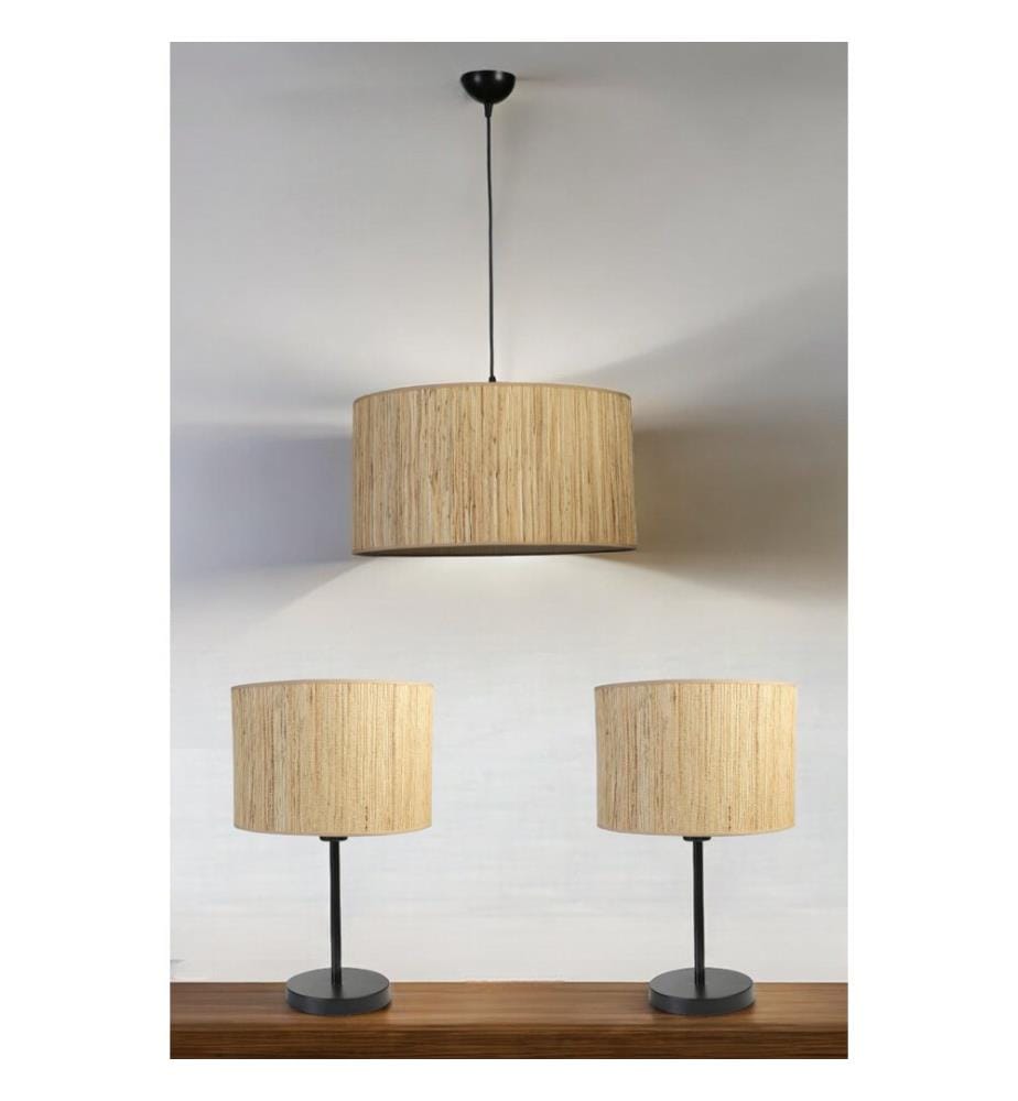 Kronleuchter- und Tischlampen-Set, cremefarben, Metallkörper, Stoffkappe