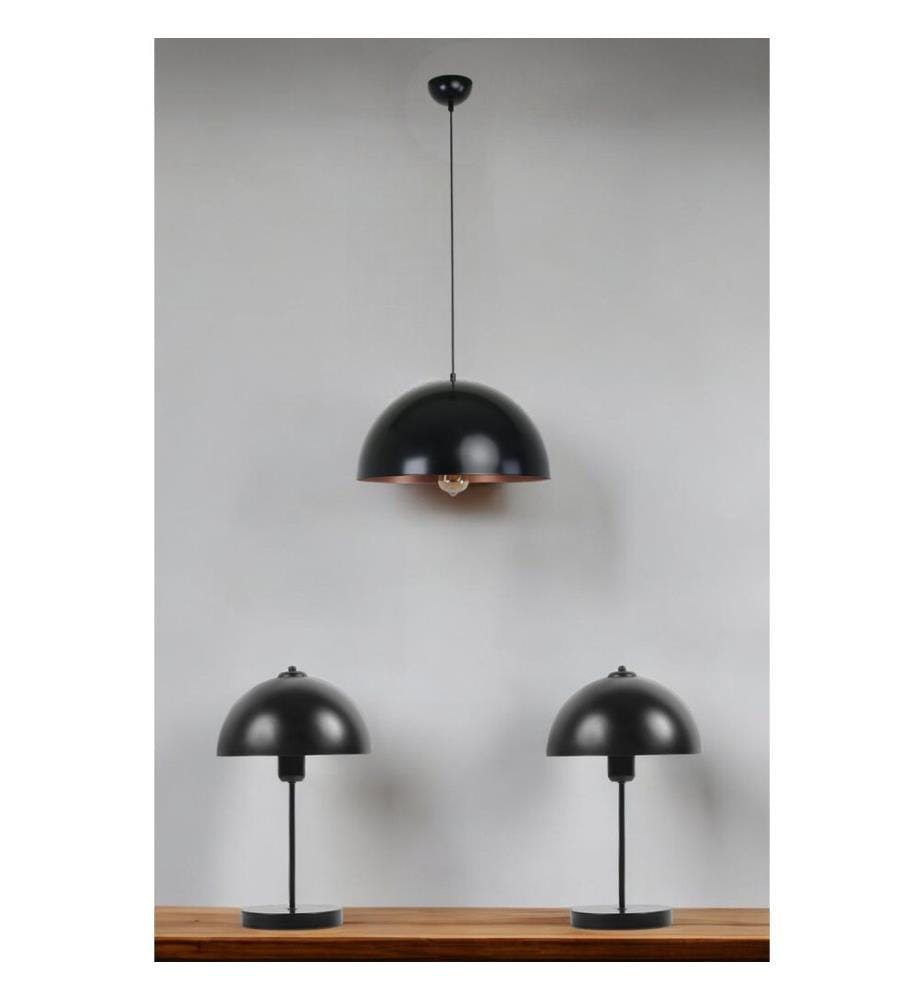 Kronleuchter- und Tischlampen-Set, schwarz, Metallkörper, Metallkappe