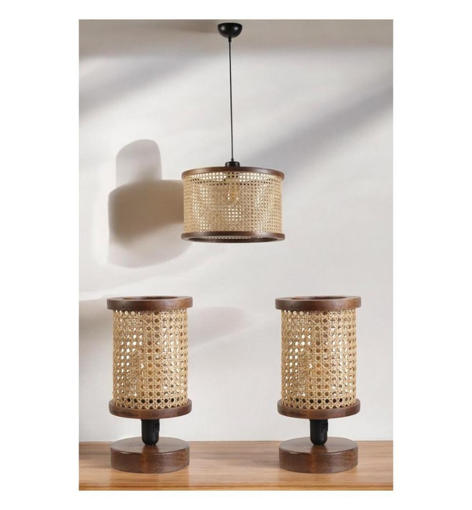 Ensemble lustre et lampe de table, beige, noyer, CORPS EN BOIS, CAPUCHON EN BOIS
