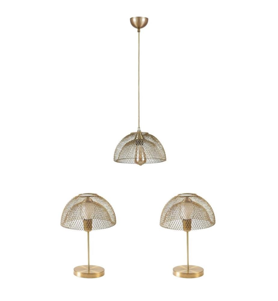 Kronleuchter- und Tischlampen-Set, Antik, Metallkörper, Metallkappe