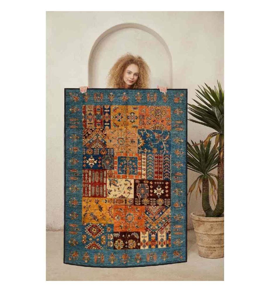 Tapis, camel, orange, rouge tuile, bleu, 100% coton, 80 x 200 cm
