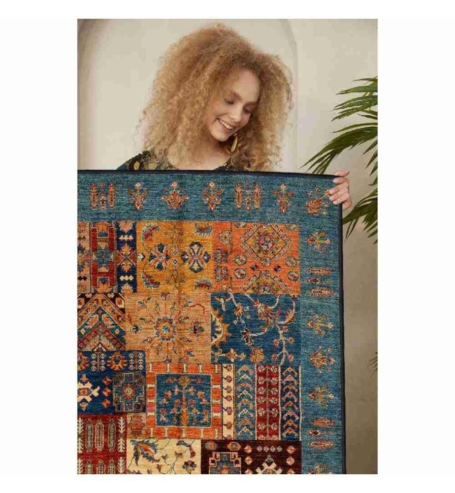 Tapis, camel, orange, rouge tuile, bleu, 100% coton, 80 x 200 cm