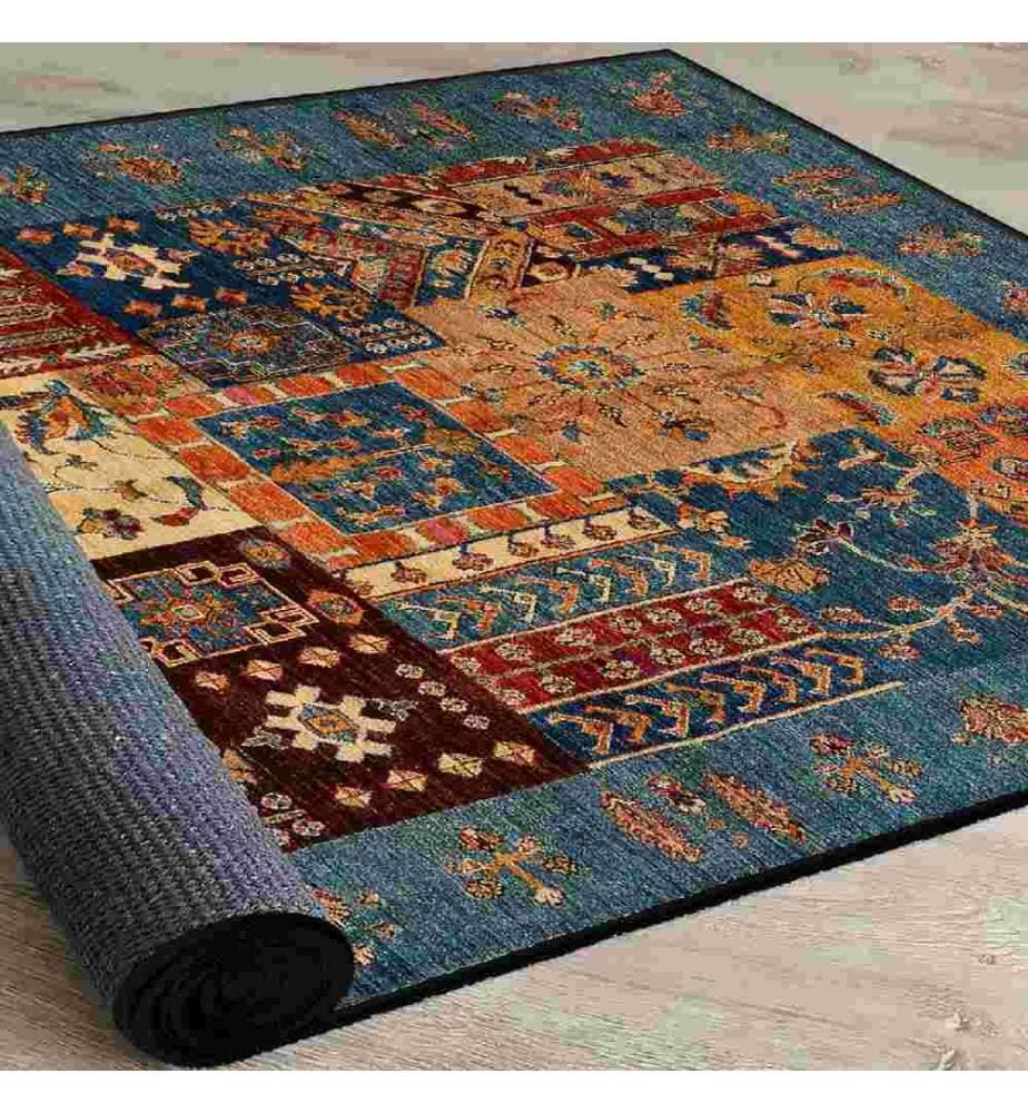 Tapis, camel, orange, rouge tuile, bleu, 100% coton, 80 x 200 cm