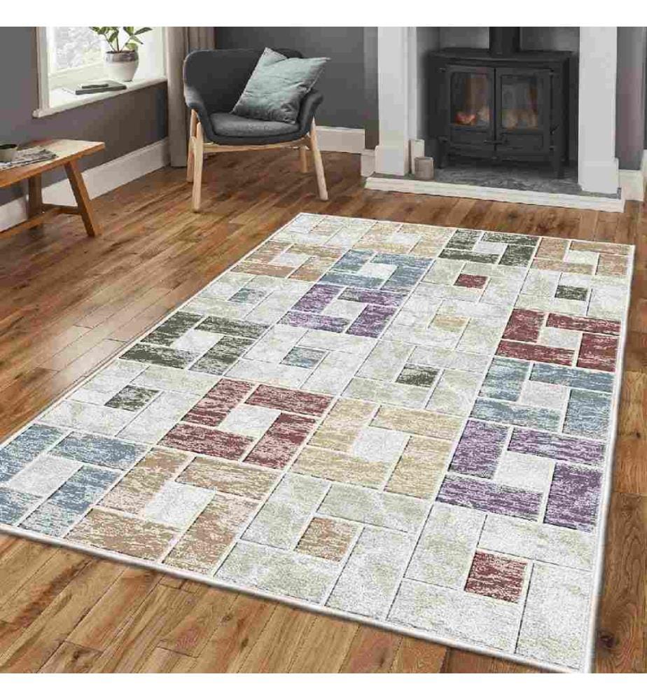 Teppich, Weiss, Grau, Fliese Rot, Grün, Lila, 100% Baumwolle, 160 x 230 cm