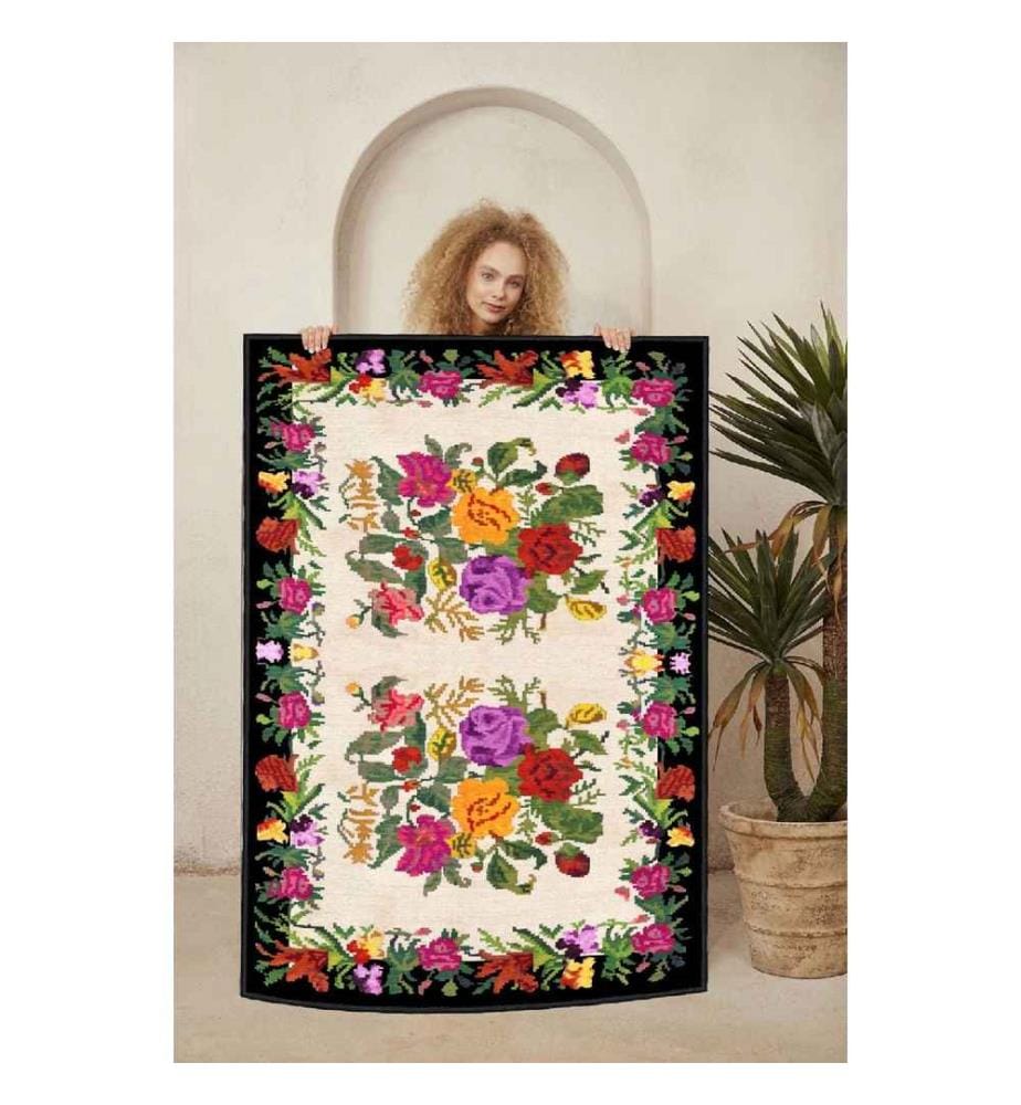 Teppich, Creme, Rosa, Violett, Grün, Schwarz, 100% Baumwolle, 180 x 280 cm