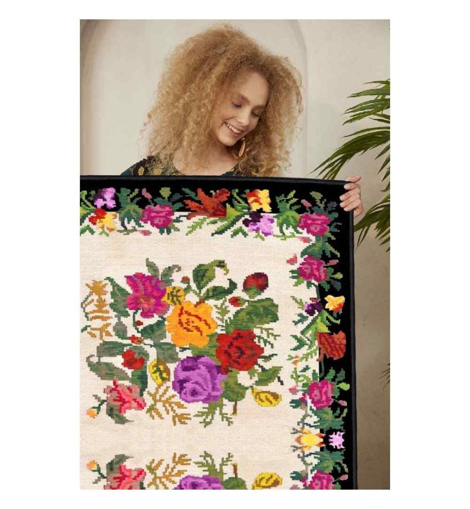 Teppich, Creme, Rosa, Violett, Grün, Schwarz, 100% Baumwolle, 180 x 280 cm