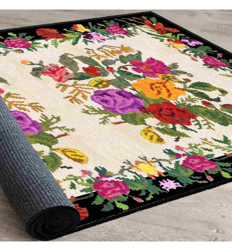Teppich, Creme, Rosa, Violett, Grün, Schwarz, 100% Baumwolle, 180 x 280 cm