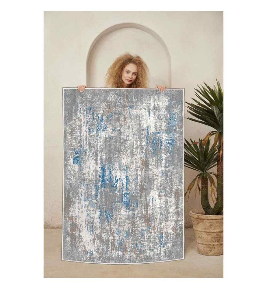 Carpet, Grey, White, Blue, 100% Cotton, 80 x 200 cm
