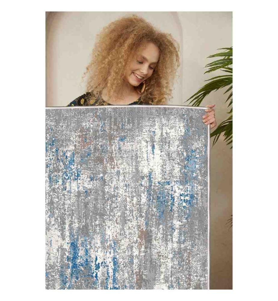 Carpet, Grey, White, Blue, 100% Cotton, 100 x 200 cm