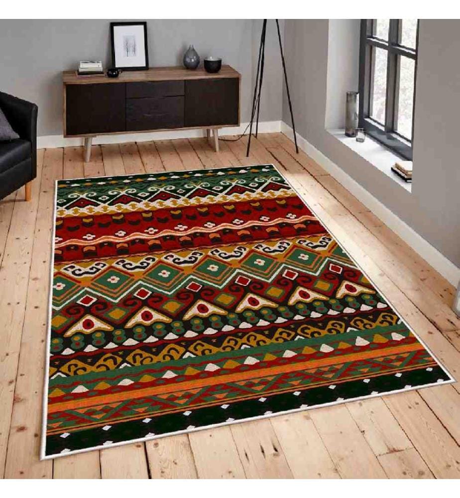 Carpet, White, Red, Green, Camel, Brown, 100% Cotton, 180 x 280 cm