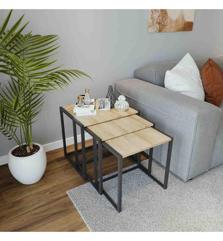 Table gigogne, 3 pièces, chêne, noir, panneau de particules mélaminé