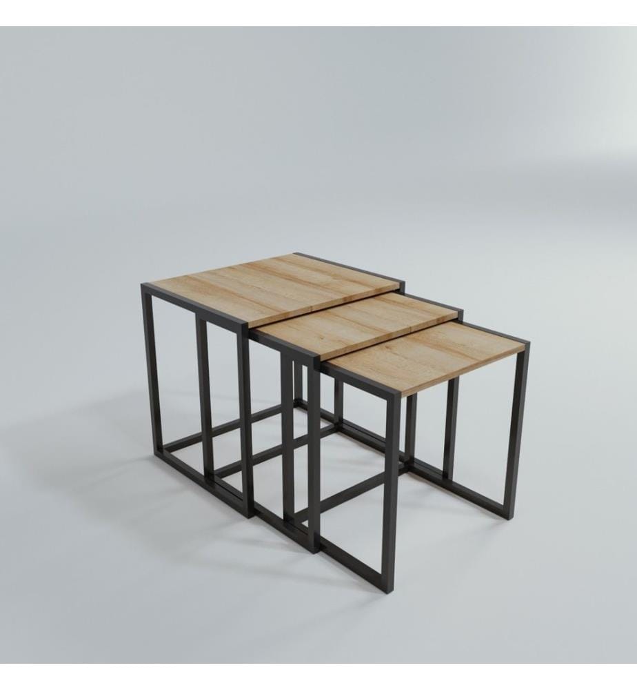 Table gigogne, 3 pièces, chêne, noir, panneau de particules mélaminé