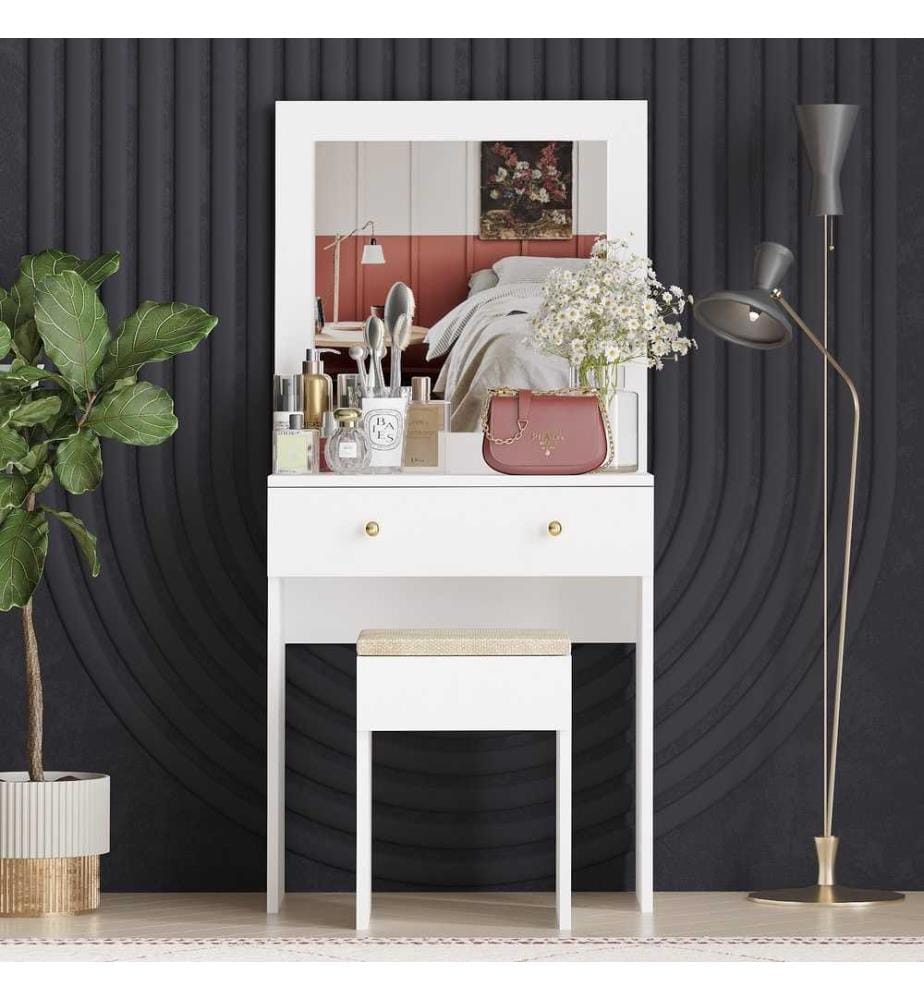 Table de maquillage, blanc, or, panneau de particules 100% mélaminé