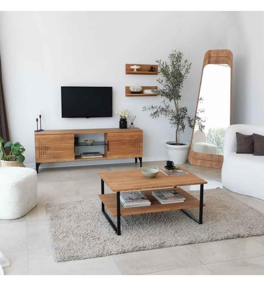Table basse, chêne, pin, bois massif, cadre en métal
