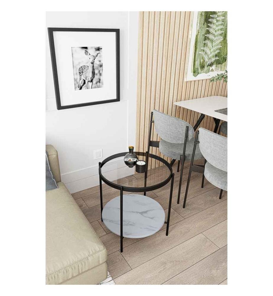 Table d'appoint, Transparent, Marble, White, Top : Tempered Glass, Bottom : MDF
