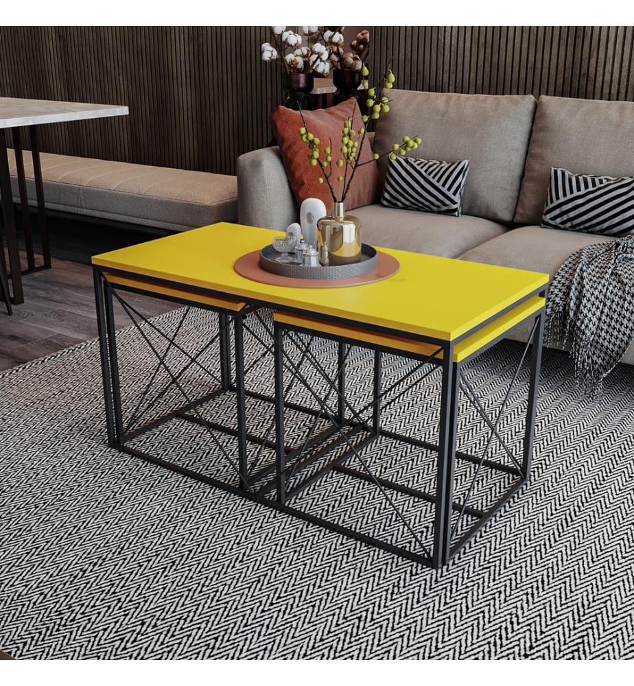 Coffee Table Set, Yellow, Black, Melamine Coated Particle Board, Metal Legs