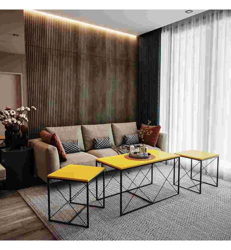 Coffee Table Set, Yellow, Black, Melamine Coated Particle Board, Metal Legs