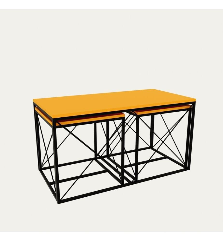 Coffee Table Set, Yellow, Black, Melamine Coated Particle Board, Metal Legs