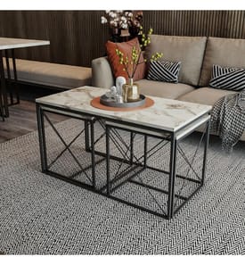 Coffee Table Set, White Marble , Black, Melamine Coated Particle Board, Metal Legs