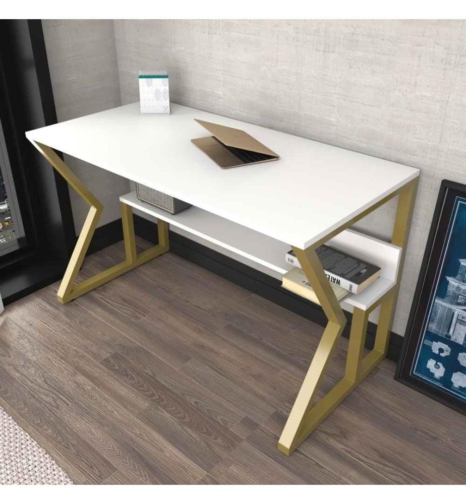 Study Desk, White, Gold, Melamine Coated Particle Board