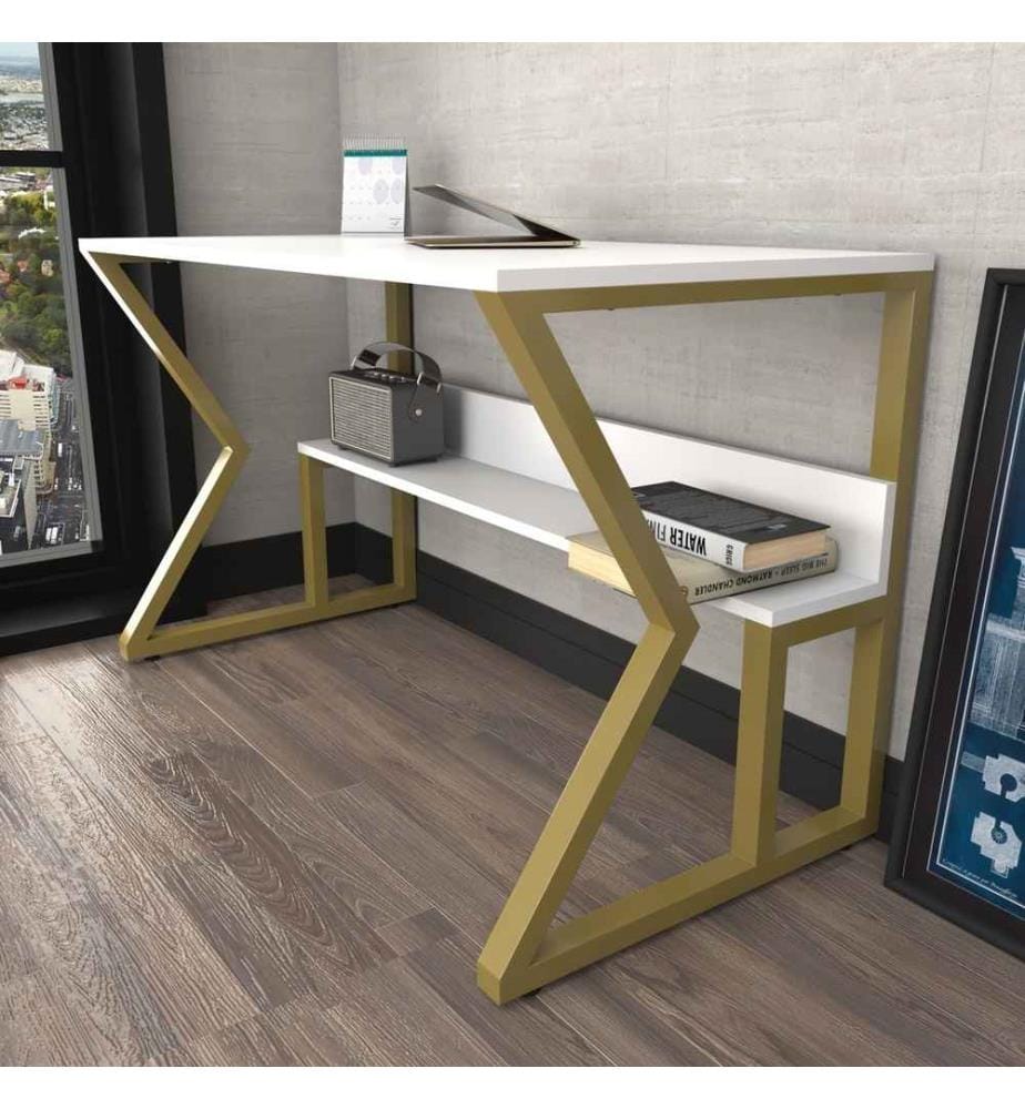 Study Desk, White, Gold, Melamine Coated Particle Board