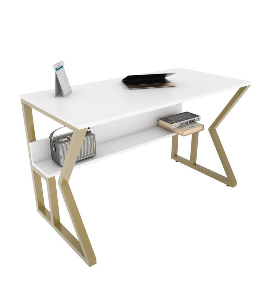 Study Desk, White, Gold, Melamine Coated Particle Board
