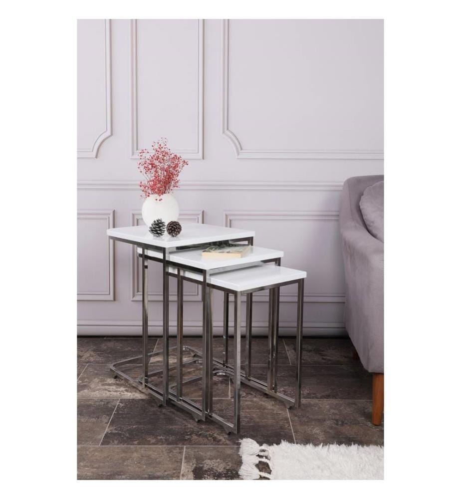 Nesting Table, 3 Pieces, White, Metal Frame, MDF Coated Membrane Top