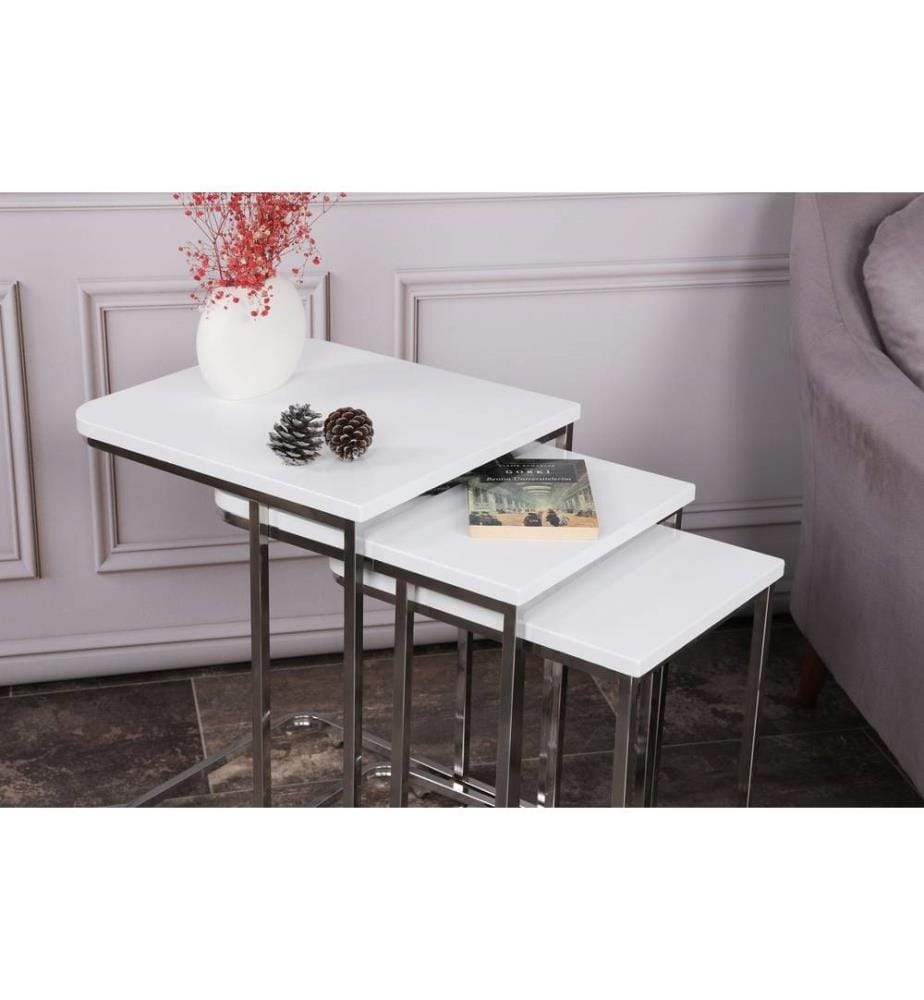 Nesting Table, 3 Pieces, White, Metal Frame, MDF Coated Membrane Top