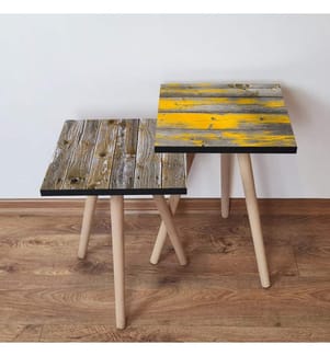 Tavolino da nido , 2 pezzi, Marrone, Grigio, Giallo, MDF, Gambe in legno di faggio
