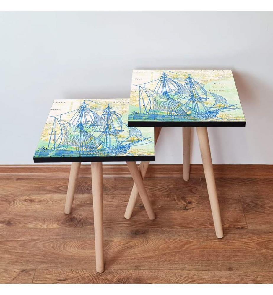 Nesting Table, 2 Pieces, Navy Blue, Green, Beige, 100% MDF
