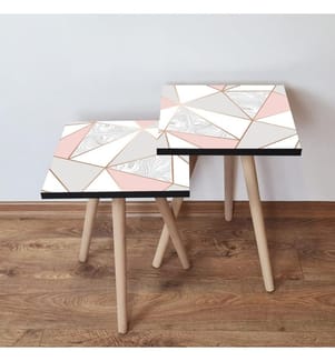 Tavolino da nido , 2 pezzi, Rosa, Beige, Grigio, MDF, Gambe in legno di faggio